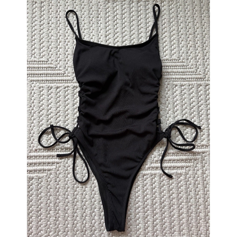 Shein Swim Black One Piece Side Tie Ribbed Cheeky Swim Suit Women's Size XL